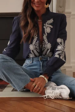 Discount Blouse Monica brodée bleu marine Blouses
